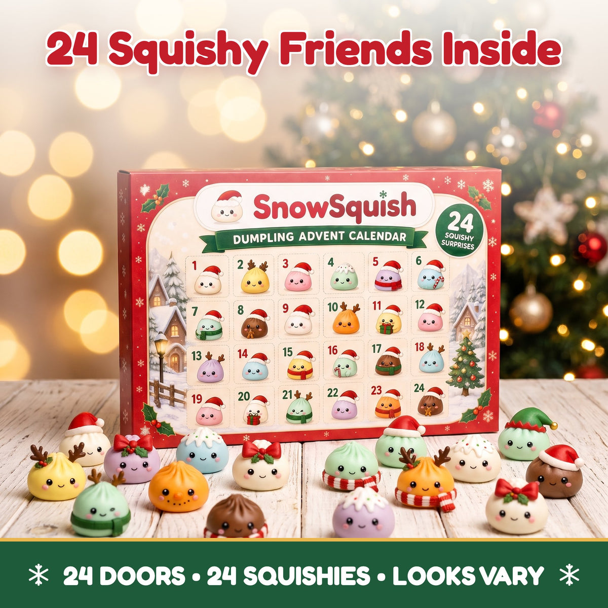 SnowSquish advent calendar box with 24 squishy dumplings