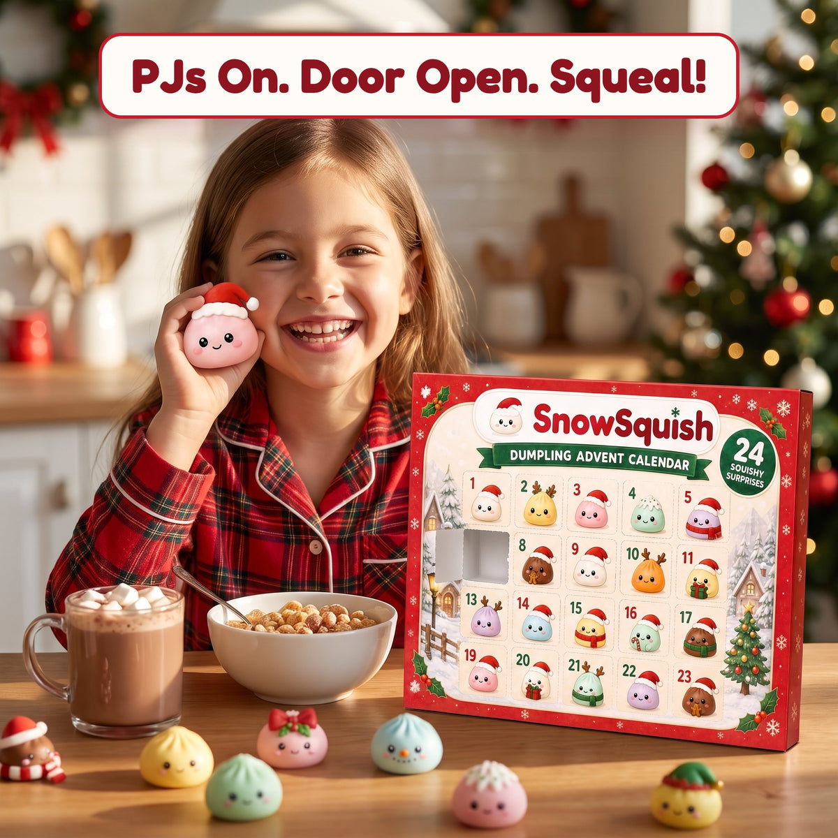 Girl opening her SnowSquish advent calendar in the morning