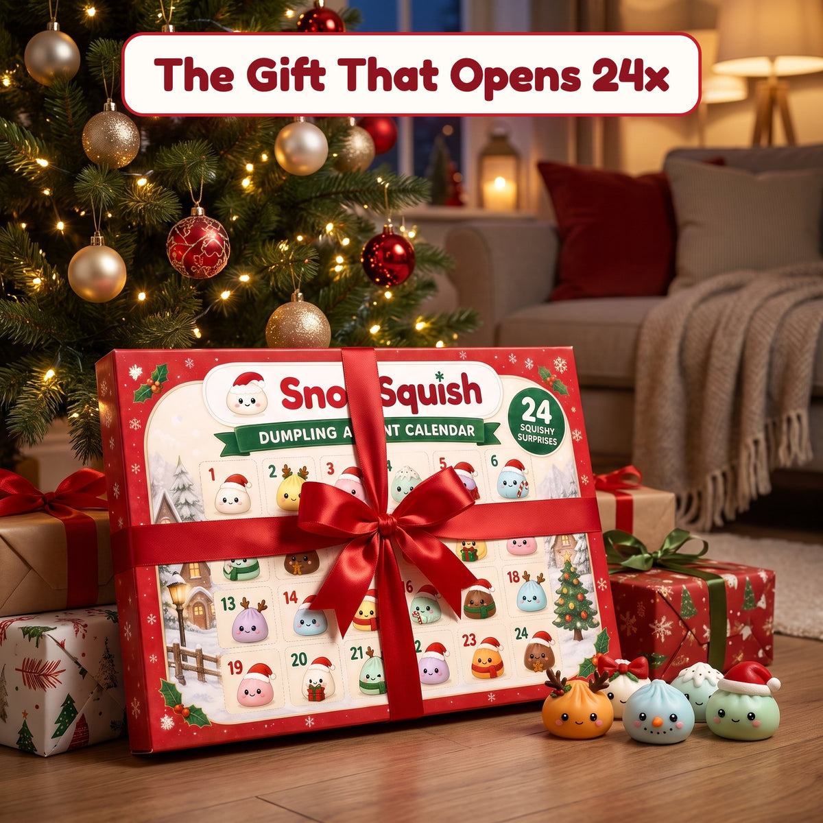 SnowSquish advent calendar gift under the Christmas tree