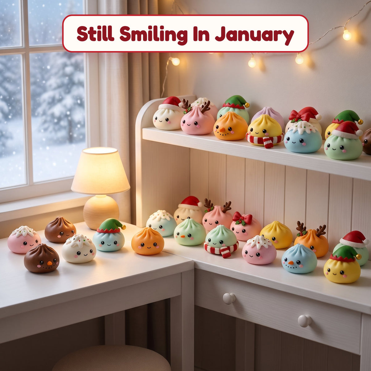 SnowSquish squishy collection on a shelf